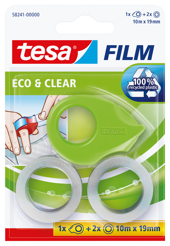 Tesa film Eco & Clear, 2 Rollen + Mini Abroller ecoLogo, 10m x 19mm